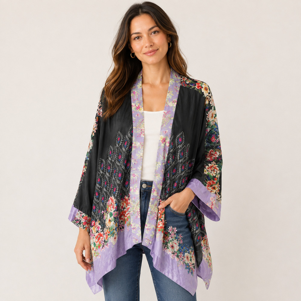 Johnny Was Shae Moya Silk Kimono M Black Floral Print Boho Open Front Jacket